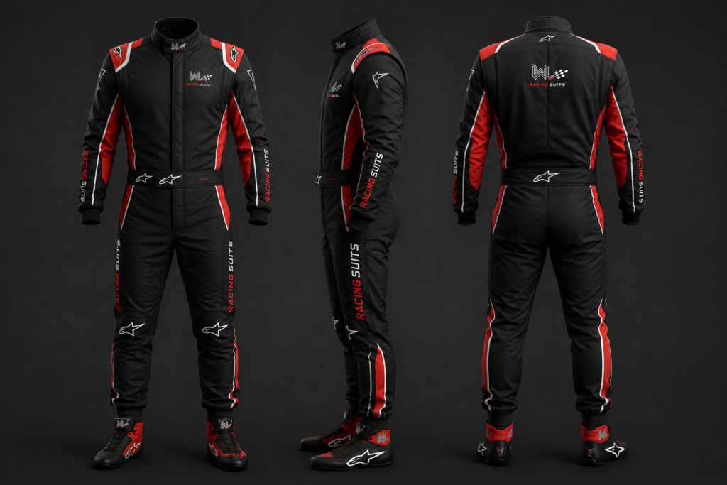 Custom F1 racing suit with embroidered logo, premium motorsport apparel, OEM private label racing wear manufacturer for racing clubs and professional racing teams.