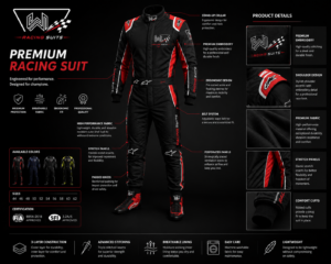Custom F1 racing suit infographic displaying premium features, breathable fabric, ergonomic design, OEM manufacturing, and private label customization options.