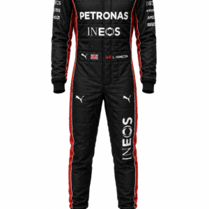 Main front view of custom Lewis Hamilton 44 Mercedes AMG F1 replica racing suit for wholesale B2B and racing clubs.
