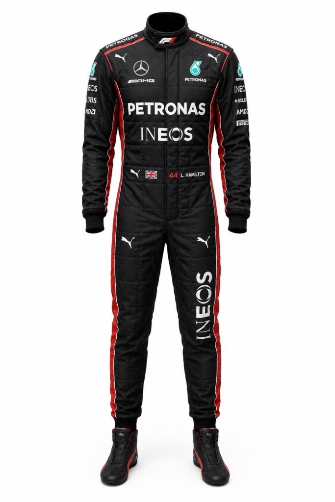 Main front view of custom Lewis Hamilton 44 Mercedes AMG F1 replica racing suit for wholesale B2B and racing clubs.