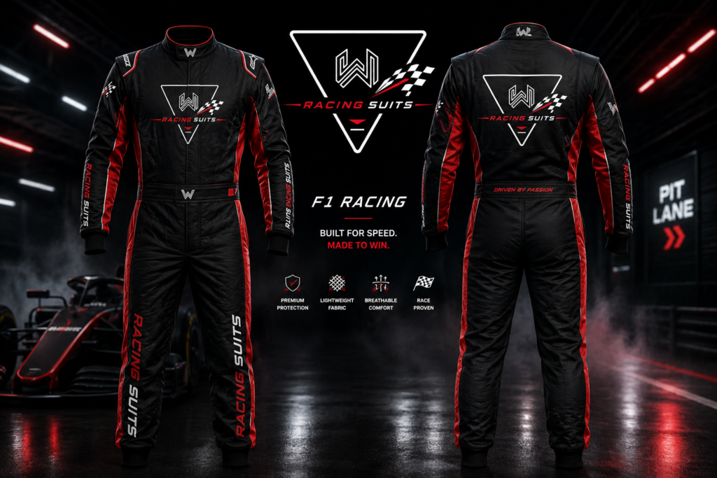 RS07 F1-style racing suit detail view showing embroidered Wani Wear Racing logo on collar, checkered flag emblem, RS07 shoulder branding, and adjustable belt with W logo patch