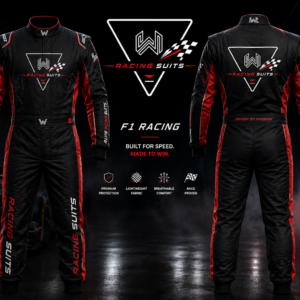 RS07 F1-style racing suit detail view showing embroidered Wani Wear Racing logo on collar, checkered flag emblem, RS07 shoulder branding, and adjustable belt with W logo patch