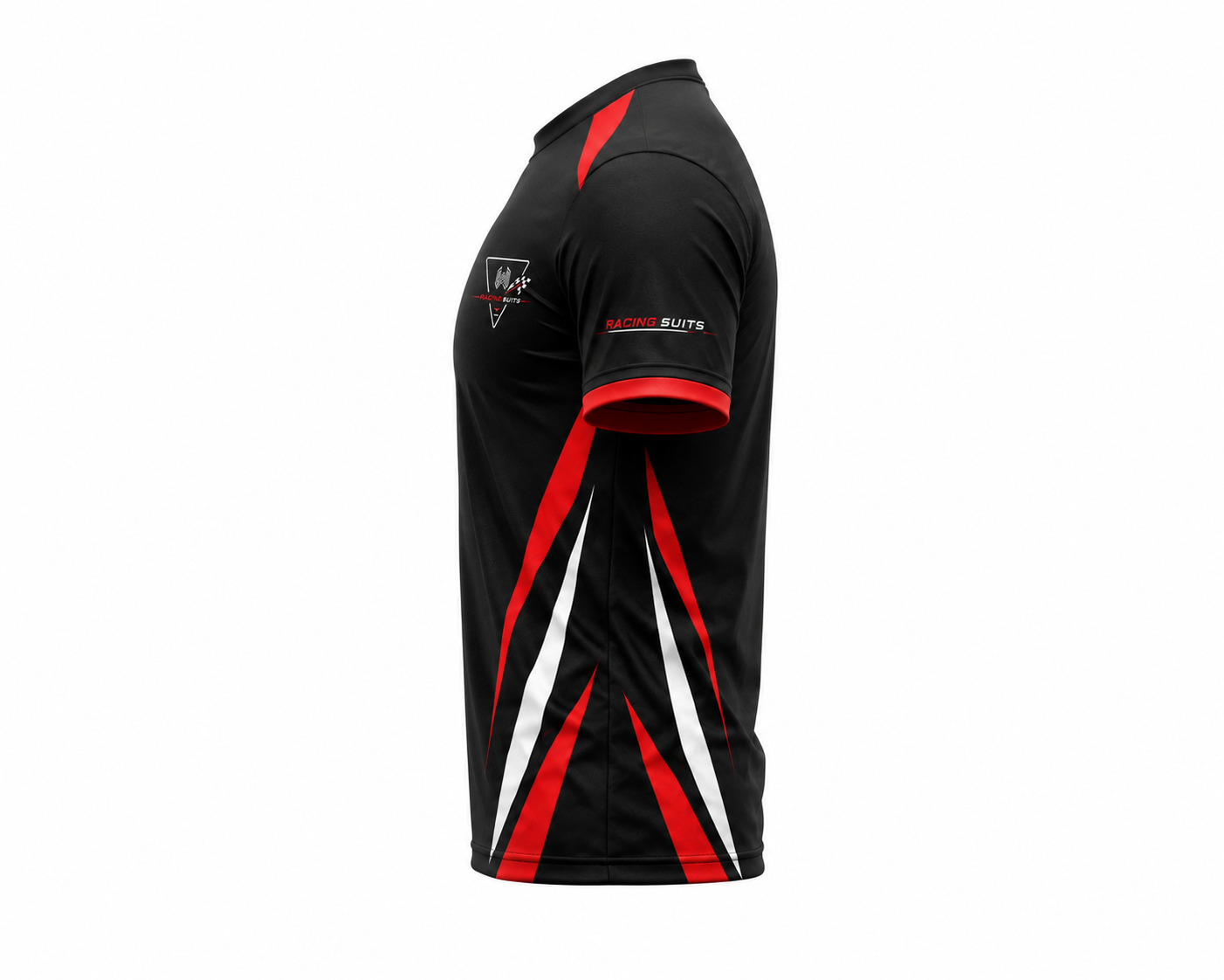 : Side view of black racing t-shirt showing red and white diagonal stripe panel and sleeve branding