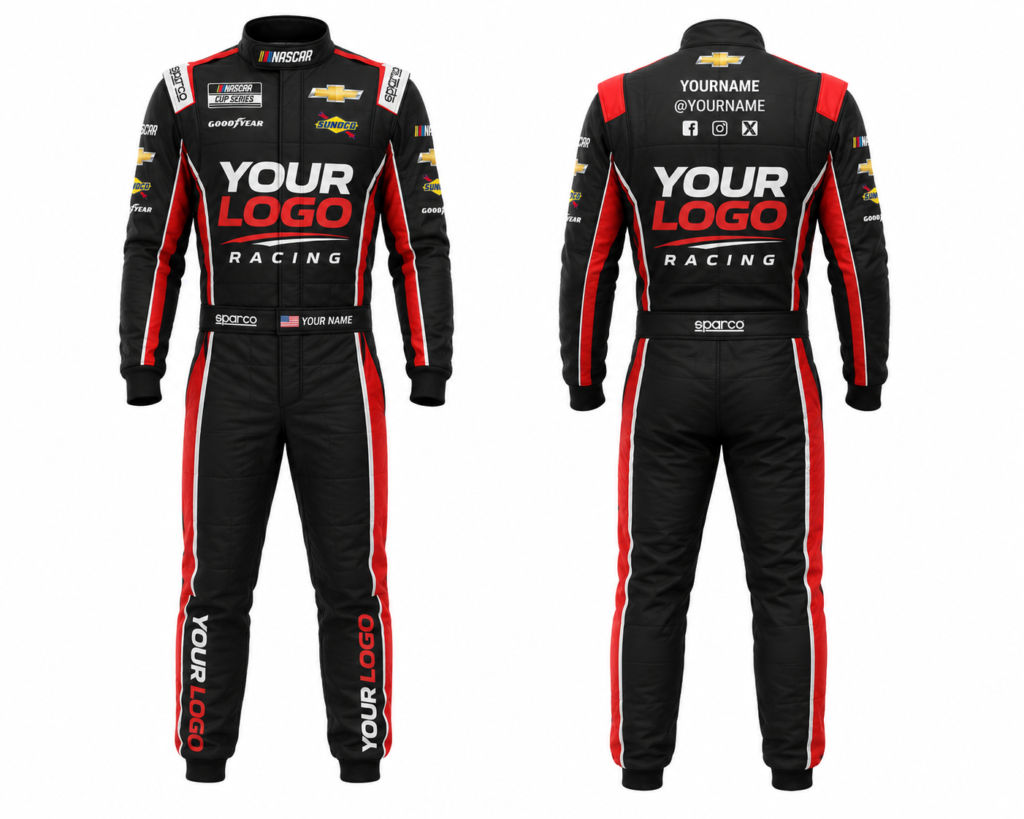 Custom NASCAR style racing suit Velocity black red white front and back