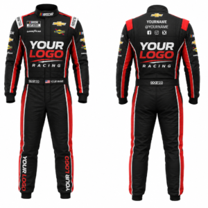 Custom NASCAR style racing suit Velocity black red white front and back