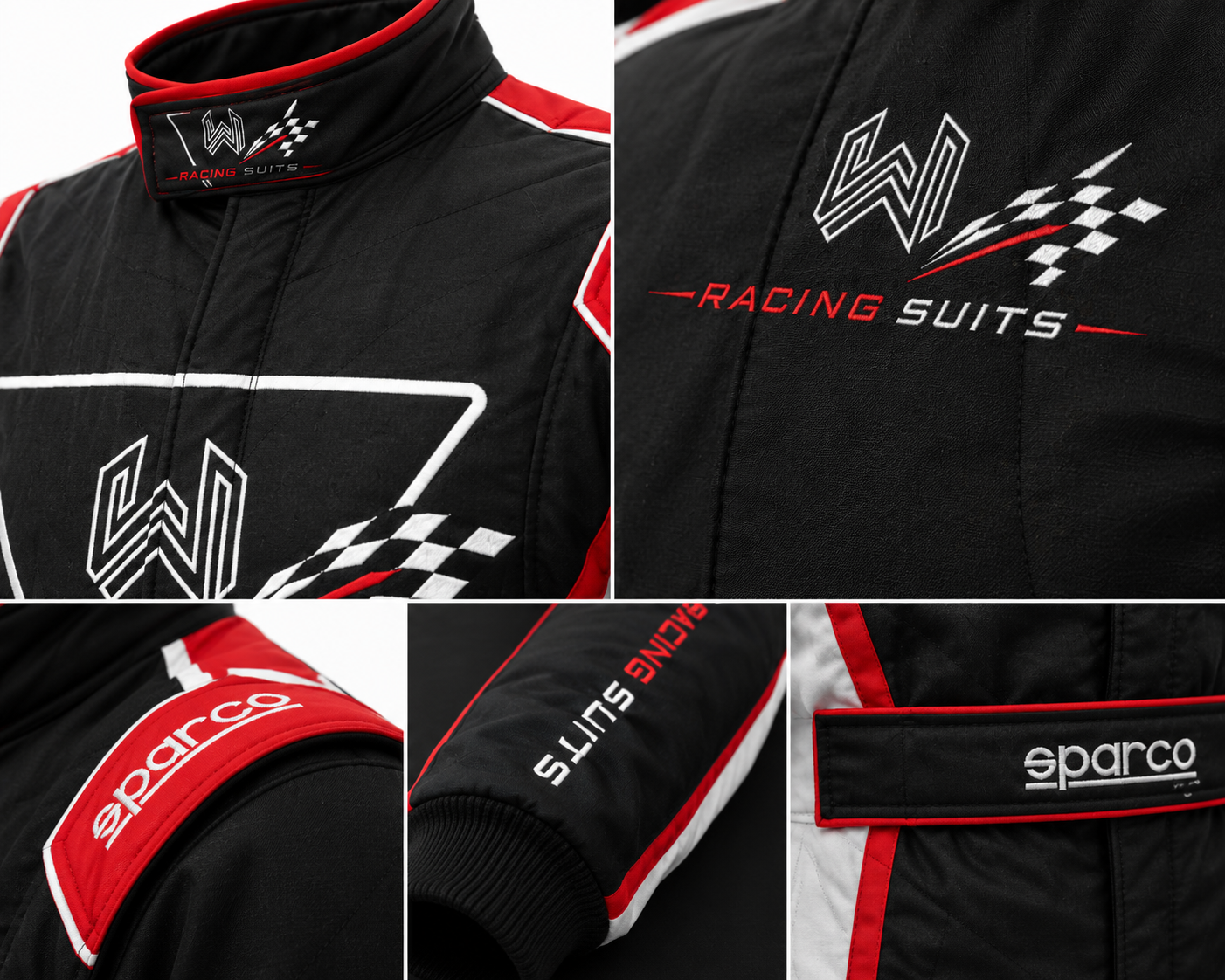 Macro details of a professional racing suit showing high-density logo embroidery on the collar, padded shoulder panels, elastic comfort cuffs, and adjustable waist belt.