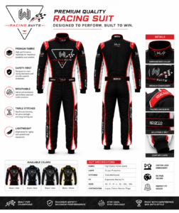 Product catalog infographic showcasing premium Nomex blend racing suit specifications, colorways, low MOQ customization details, and fabric features.