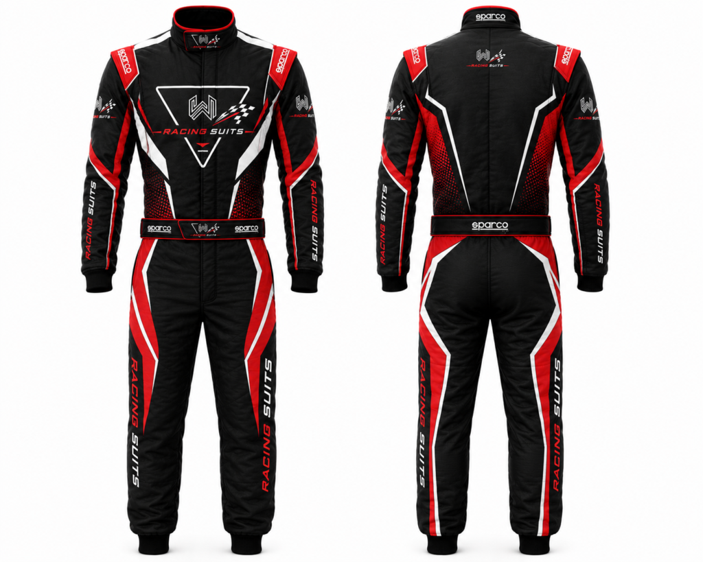Front and back view of a custom black and red premium motorsport racing suit designed for OEM private label manufacturing and racing clubs.