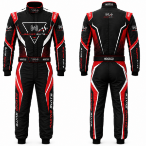 Front and back view of a custom black and red premium motorsport racing suit designed for OEM private label manufacturing and racing clubs.