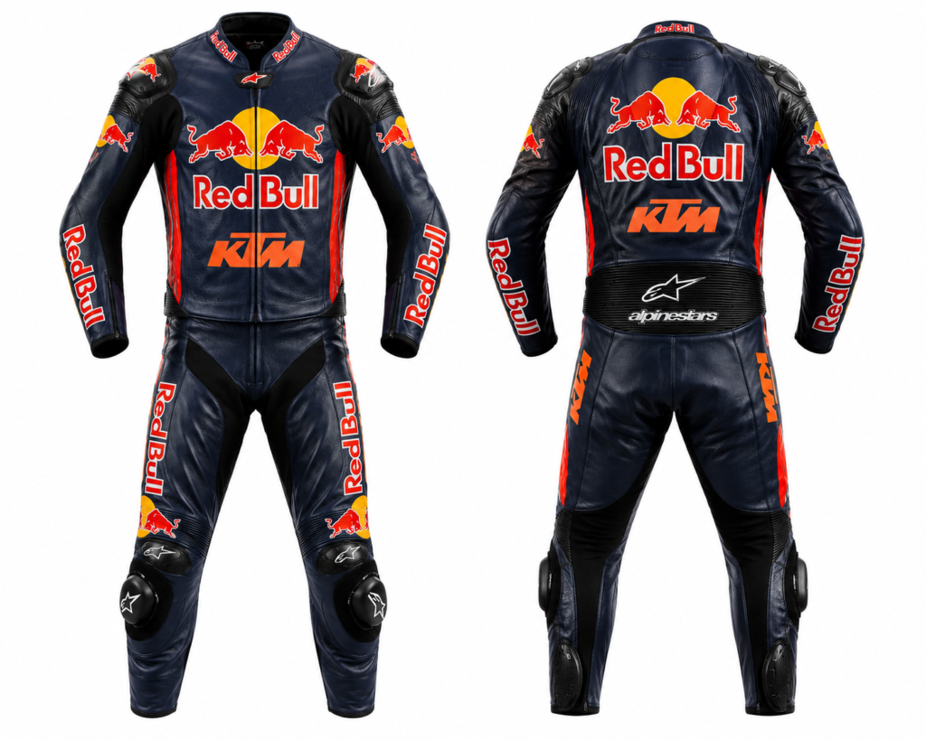 Custom 2 Piece Motorcycle Racing Leather Suit Red Bull Inspired Design | Premium Cowhide Leather Racing Gear | OEM ODM Private Label Manufacturer