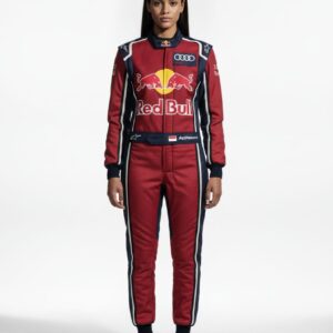 Front view of a model wearing a premium red and navy blue custom private-label motorsport racing suit with a high collar and secure waist belt.