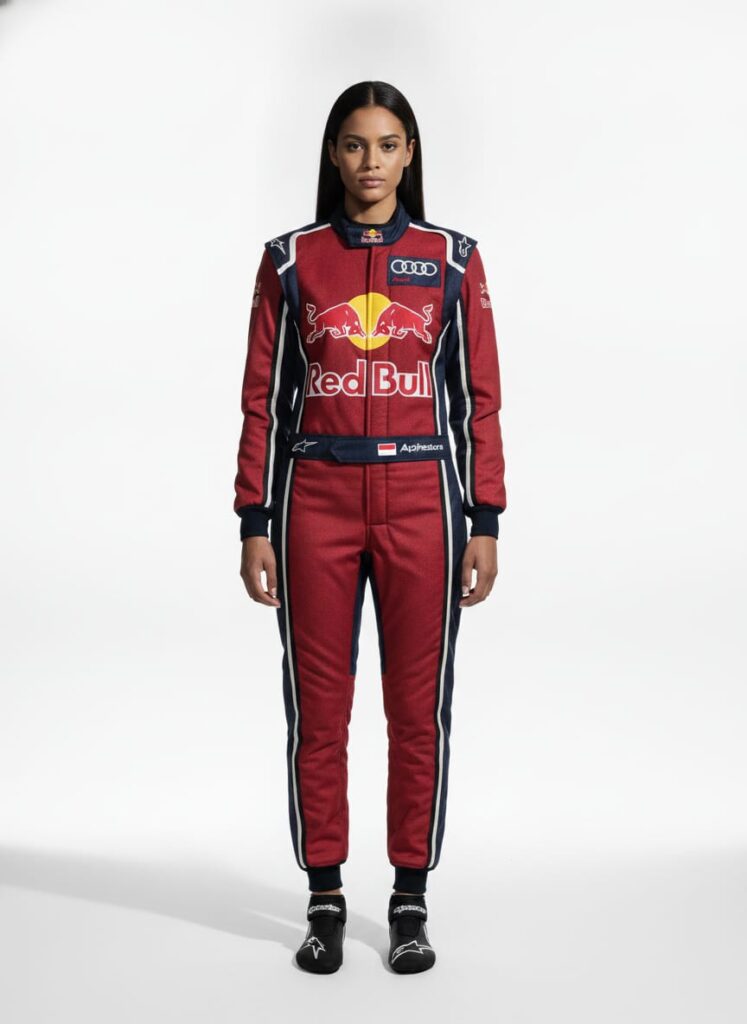 Front view of a model wearing a premium red and navy blue custom private-label motorsport racing suit with a high collar and secure waist belt.