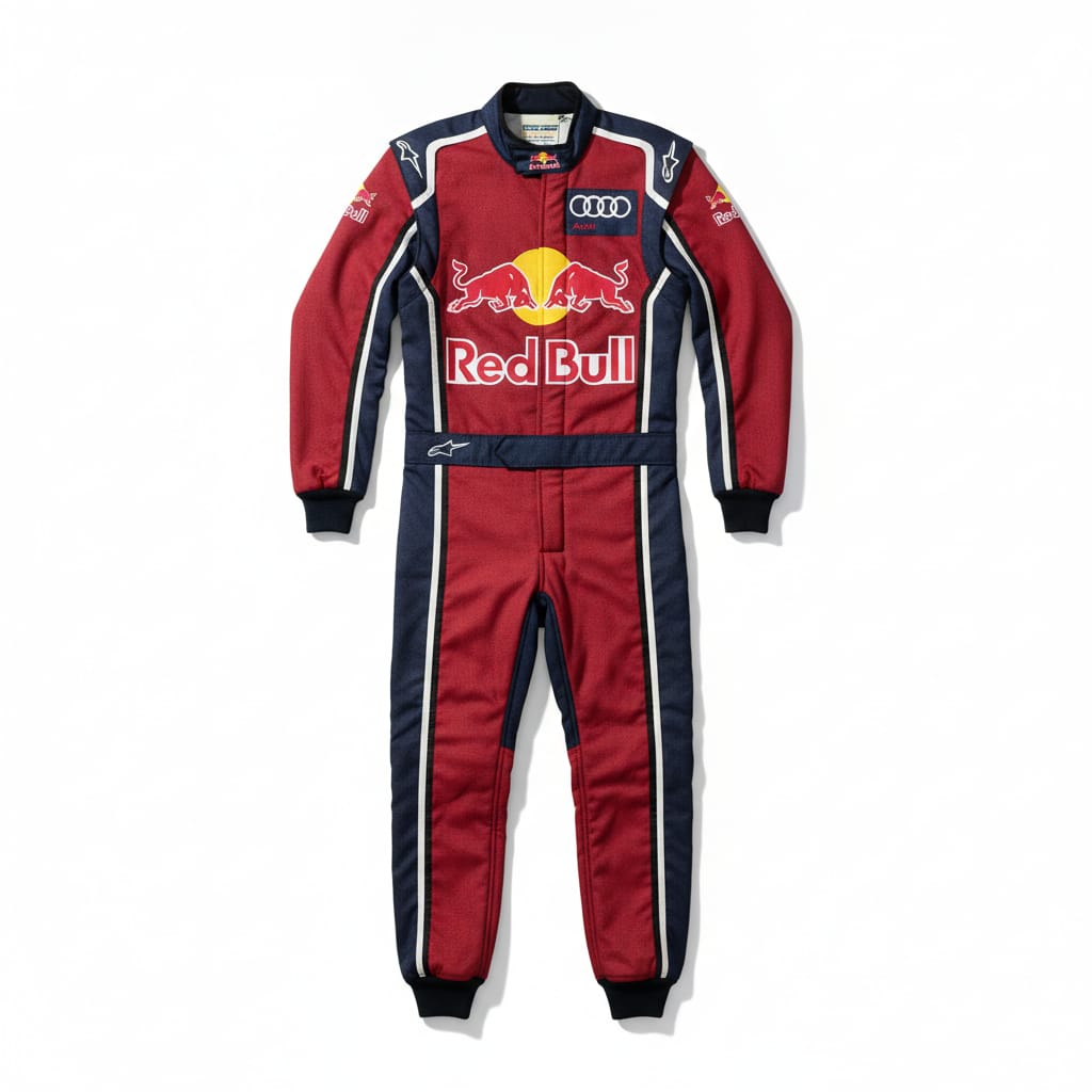 Front view of a model wearing a premium red and navy blue custom private-label motorsport racing suit with a high collar and secure waist belt.