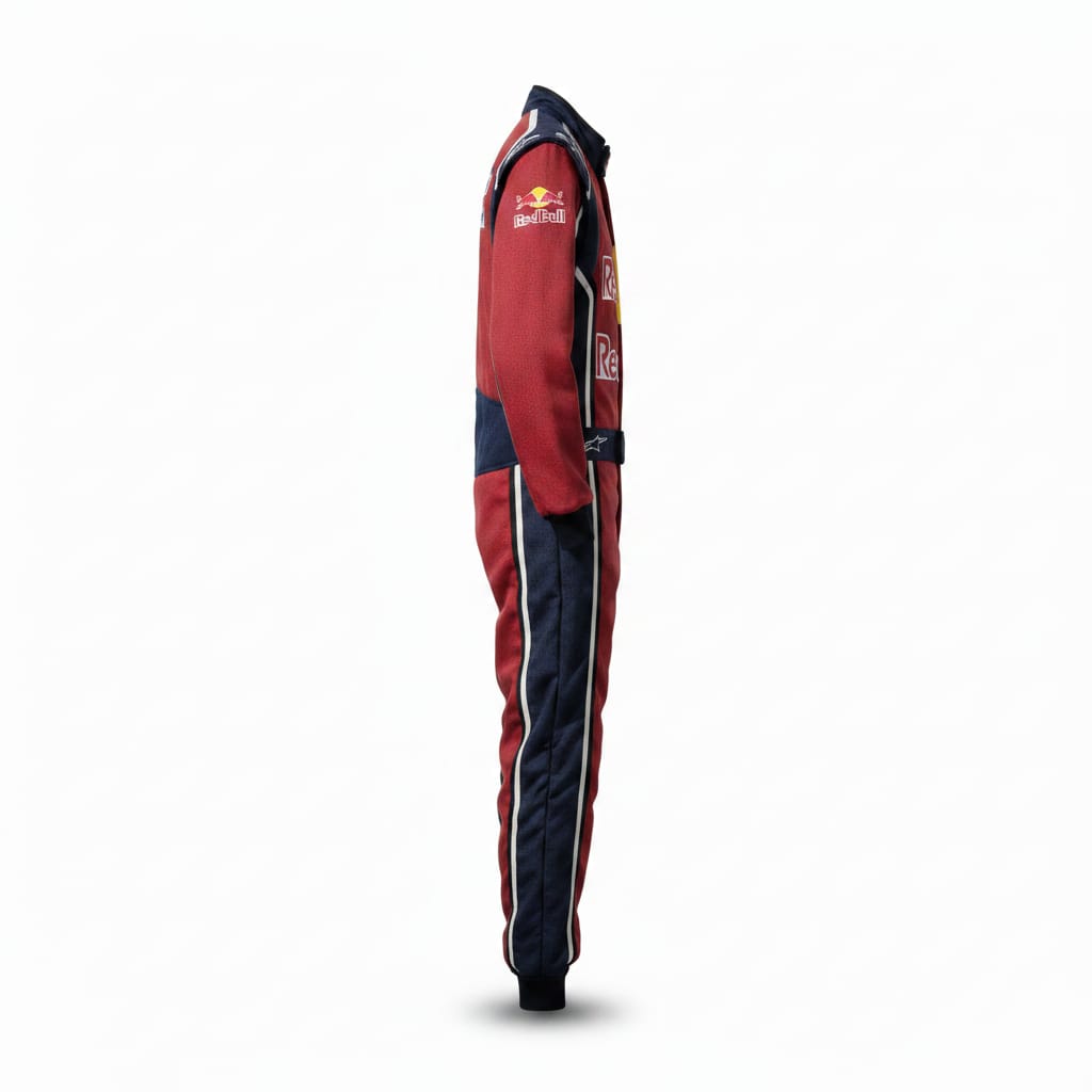 t: Side profile of a professional red and navy blue motorsport racing suit showing the ergonomic leg striping, elastic waist belt, and pre-curved sleeves.