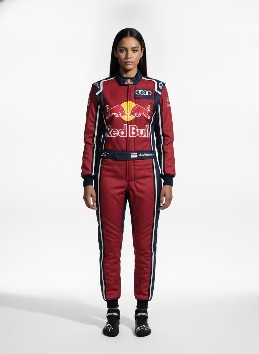 Front view of a model wearing a premium red and navy blue custom private-label motorsport racing suit with a high collar and secure waist belt.