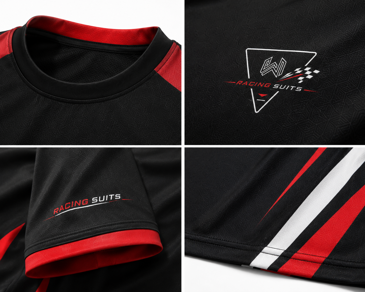 Close-up details of racing t-shirt collar, sleeve logo, cuff trim, and red white stripe stitching