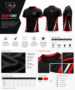 : Racing t-shirt product infographic showing features, fabric details, size chart, and care instructions