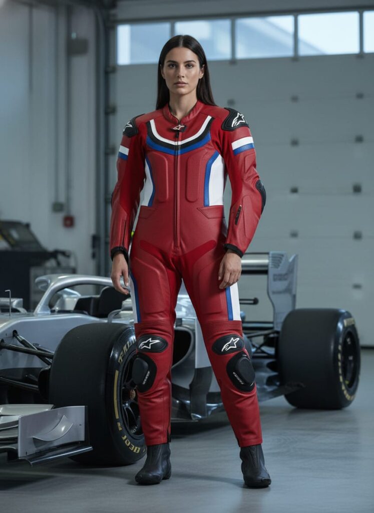 Custom red racing suit with premium protective padding, OEM private label motorsport apparel for racing teams, clubs, and wholesale buyers.