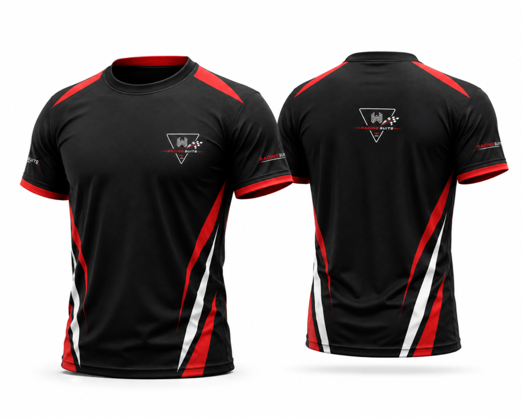 Black motorsport racing t-shirt with red and white sleeve panel design, front and back view, W Racing Suits logo