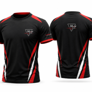 Black motorsport racing t-shirt with red and white sleeve panel design, front and back view, W Racing Suits logo