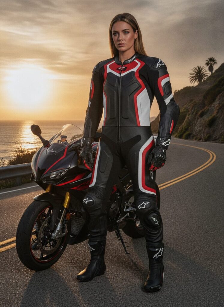 Front view flatlay of a professional one-piece leather motorcycle racing suit featuring airbag-ready chest expansion panels, heavy-duty YKK zipper, and knee sliders.