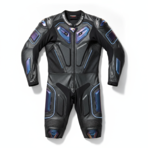 Front view flatlay of a professional one-piece leather motorcycle racing suit featuring airbag-ready chest expansion panels, heavy-duty YKK zipper, and knee sliders.