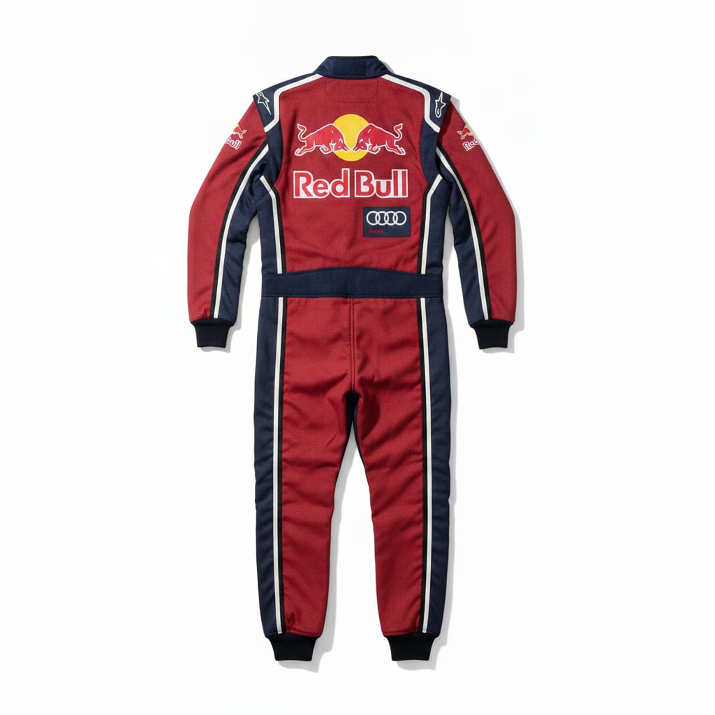 Back view of a red and navy blue professional motorsport racing suit showcasing the seamless rear panels and large custom embroidery zone.