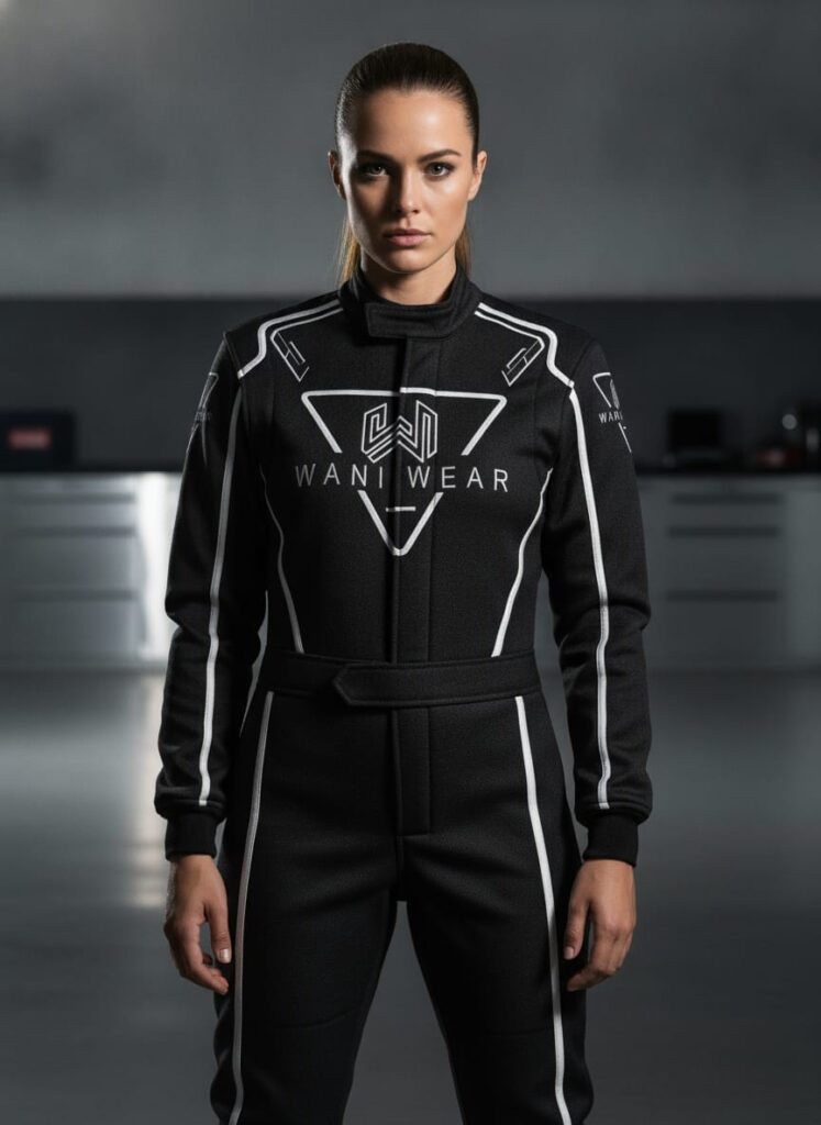 Custom F1 racing suit with WANI WEAR logo, black motorsport racing overall, OEM private label racing apparel manufacturer