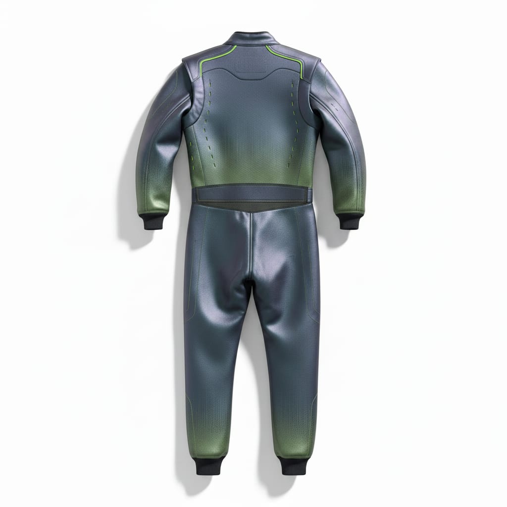 Back view of custom track day suit manufactured by WANI WEAR with performance-focused design, rider mobility features, and private label branding options for motorcycle gear distributors.