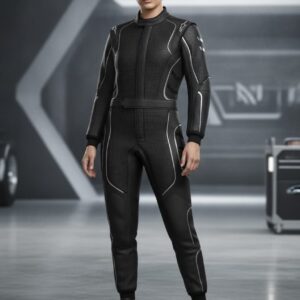 Custom F1 racing suit with WANI WEAR logo, black motorsport racing overall, OEM private label racing apparel manufacturer
