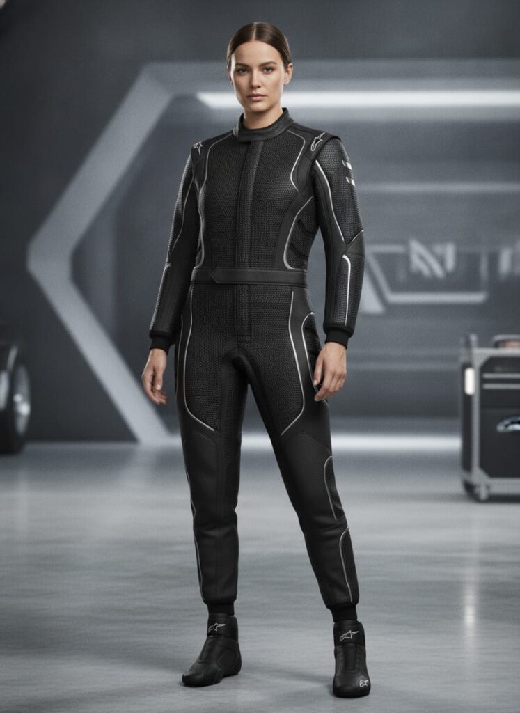 Custom F1 racing suit with WANI WEAR logo, black motorsport racing overall, OEM private label racing apparel manufacturer