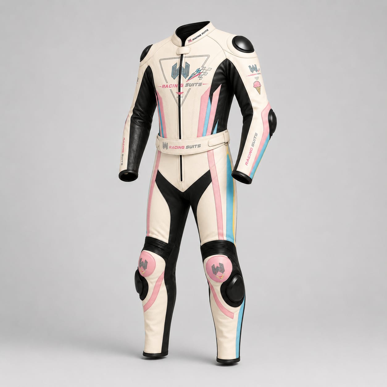 Custom one-piece leather racing suit side view with CE Level 2 armor and knee sliders