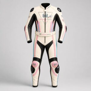 Model wearing custom one-piece leather motorcycle racing suit in camo gold design