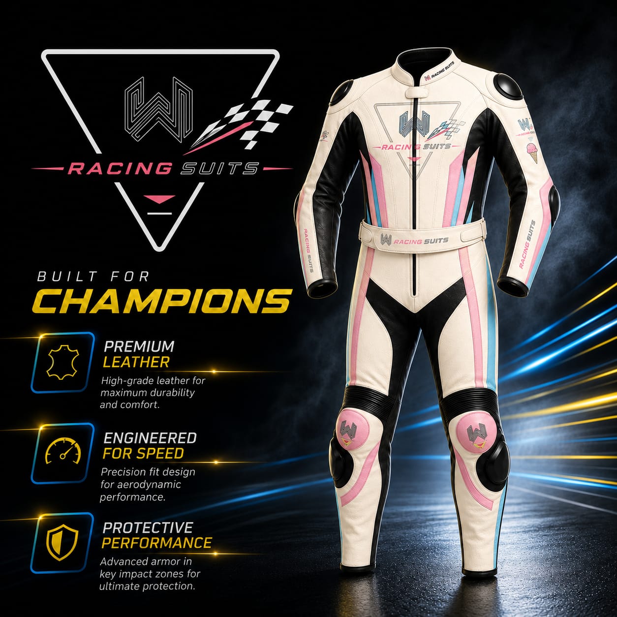 Wani Wear custom leather racing suit product poster with CE Level 2 protection specs