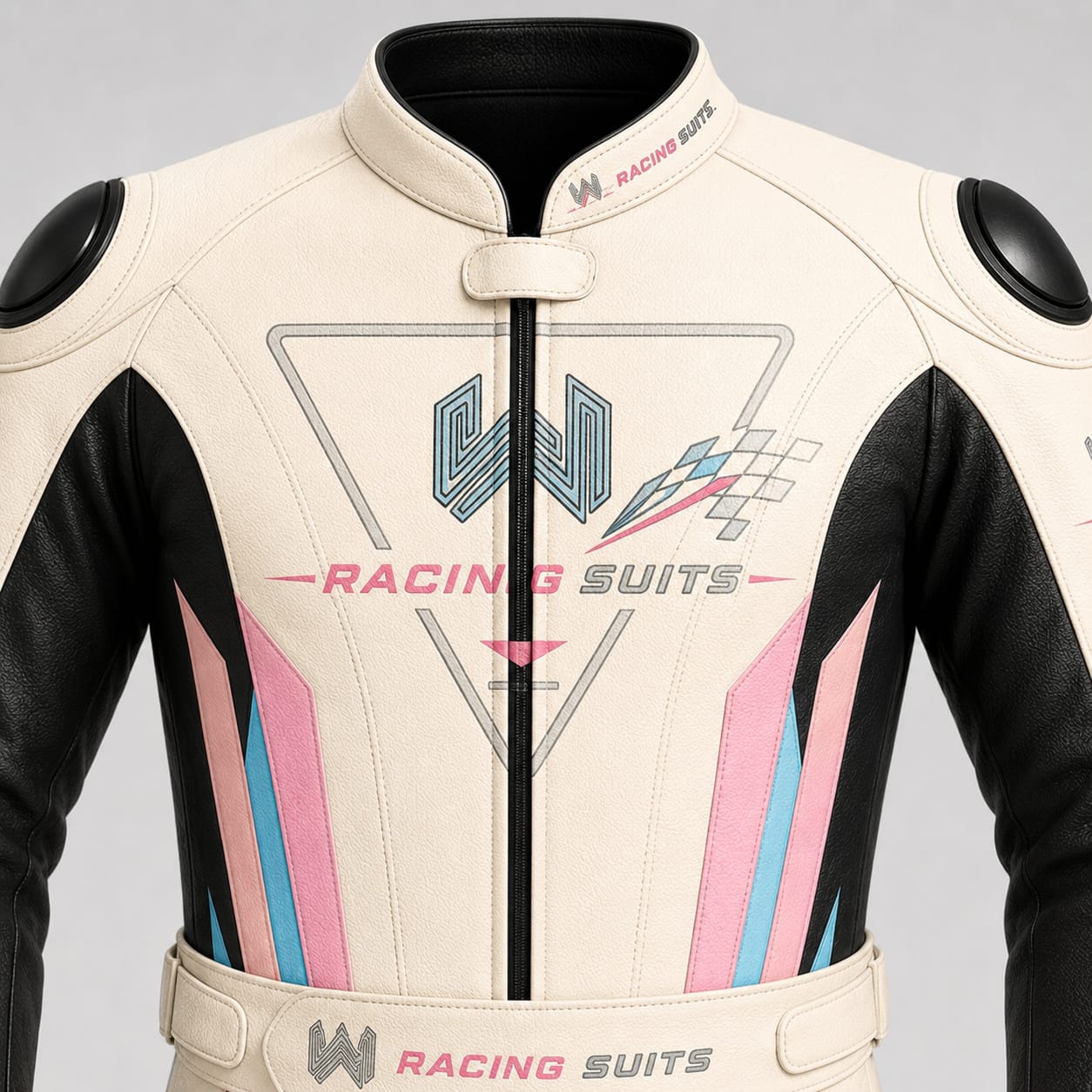 Close-up of custom leather racing suit chest logo and sublimation print detail