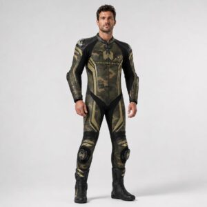 Model wearing custom one-piece leather motorcycle racing suit in camo gold design