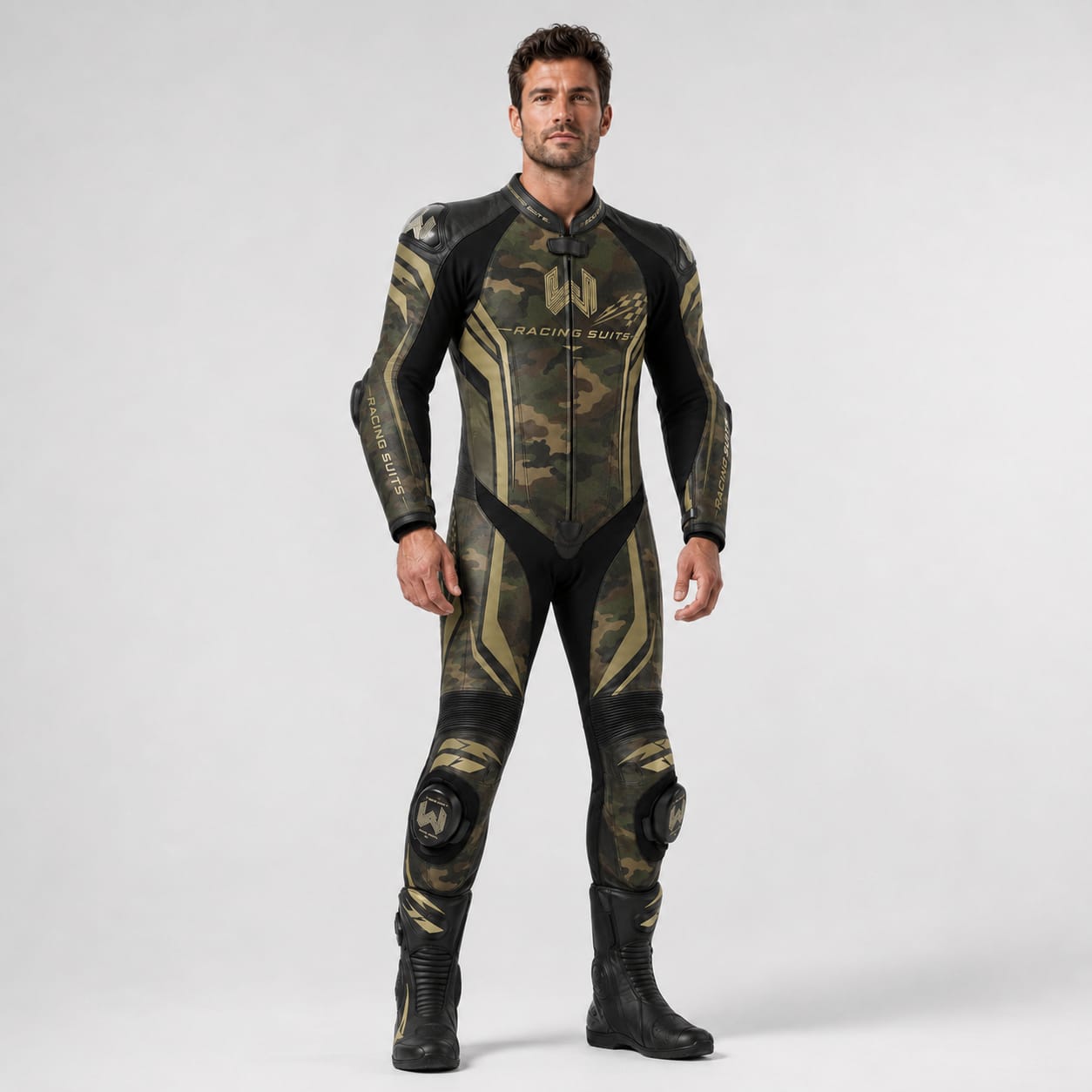Model wearing custom one-piece leather motorcycle racing suit in camo gold design