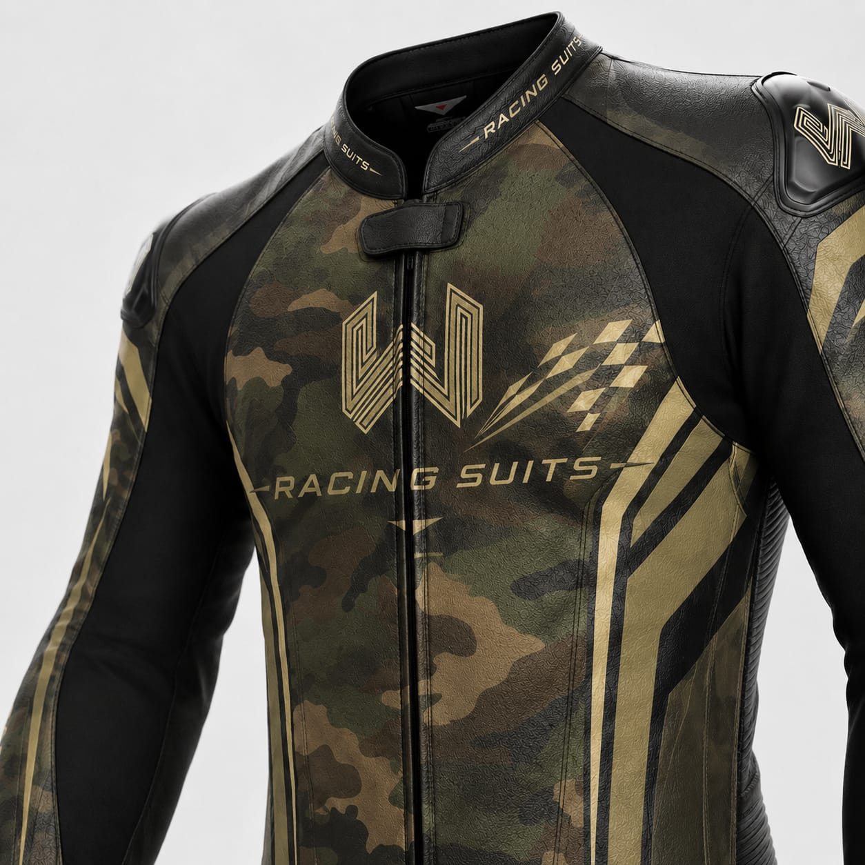 Close-up of custom leather racing suit chest logo and sublimation print detail