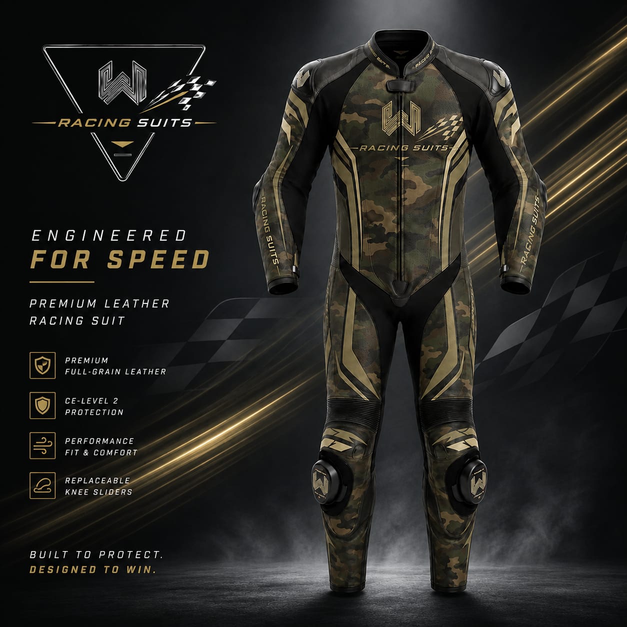 Wani Wear custom leather racing suit product poster with CE Level 2 protection specs